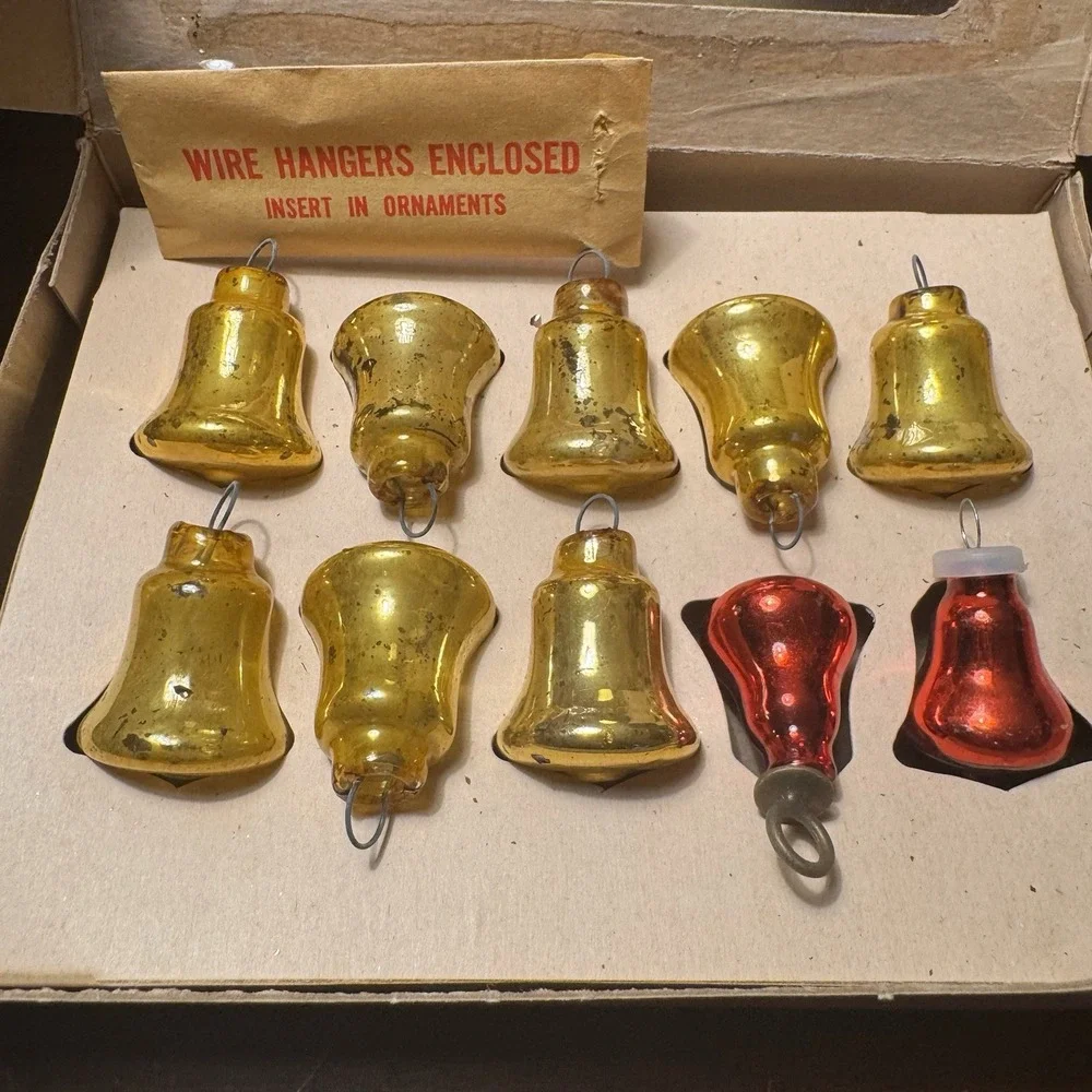 Vintage Shiny Brite Glass Tree Ornaments Bells ~ 8 Gold, 2 Red ~ 2 Wire Hangers